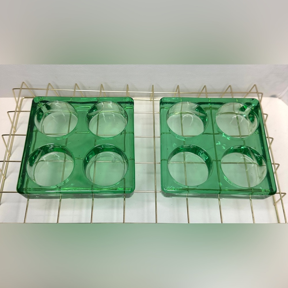 Set of 2 Vintage Blenko Style Square Green Glass Cube Tea Light Candle Holders